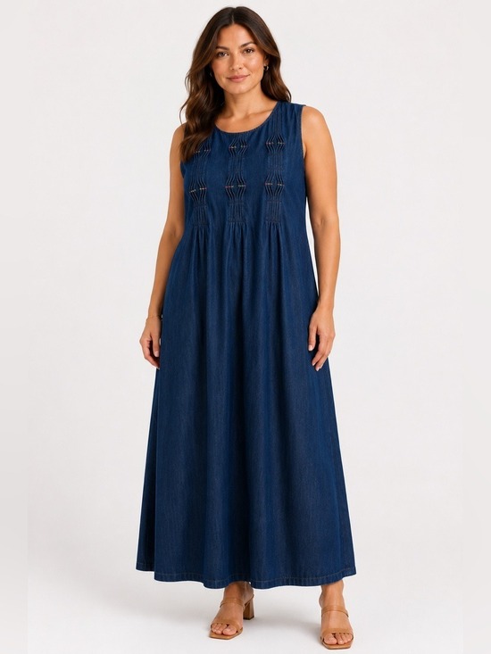 Vintage Dresses & Skirts - Vintage Denim Maxi Dress 100% Cotton Pintuck Embroidered Boho Cottagecore 14
